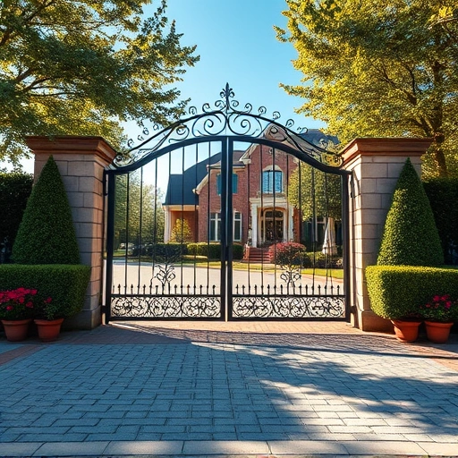 Completed driveway gate installation in Cohutta GA with wrought iron design, cobblestone path, and vibrant landscaping.