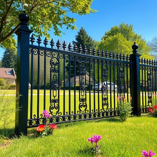 Wrought iron fence installation in Cohutta GA showcasing elegant design, lush grass, vibrant flowers, and blue sky.