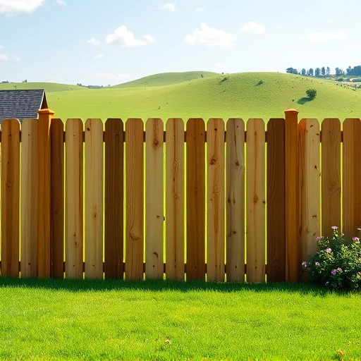 Completed wooden fence installation in Menlo GA, surrounded by lush lawn and serene rolling hills with wildflowers.