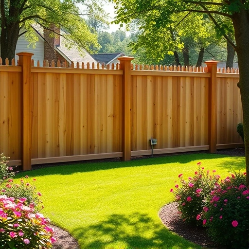 Elegant wooden fence installation in Gadsden AL surrounded by lush greenery and vibrant flowers under soft sunlight.