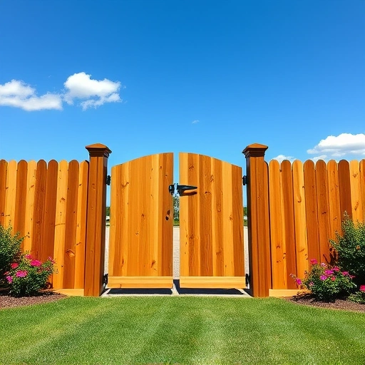 Completed wooden fence installation in LaFayette GA with vibrant lawn, blue sky, and decorative gate.