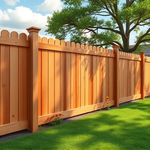 Wooden fence installation in Jacksonville AL with rich tones, neat panels, lush lawn, flowers, and sunny sky.