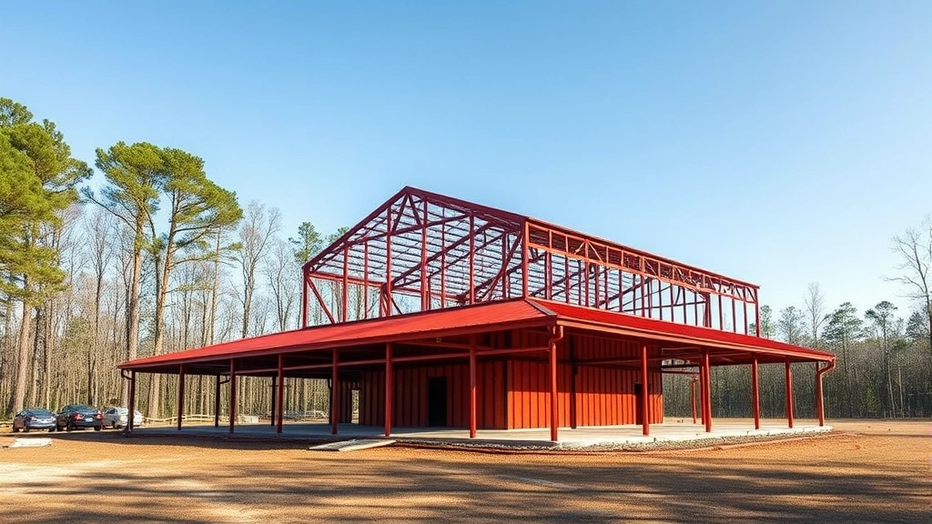 Red Iron Steel Building construction project in Cohutta GA with workers and equipment on site