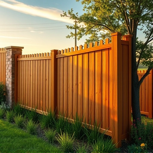 Beautiful wooden fence installation in Cedartown GA surrounded by green grass and wildflowers under golden hour light.
