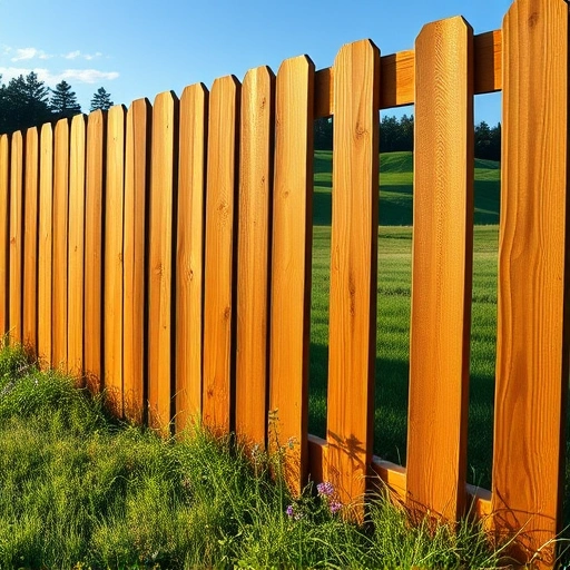 Wooden fence in Cohutta GA with polished cedar planks, wildflowers, rolling hills, and clear blue sky backdrop.