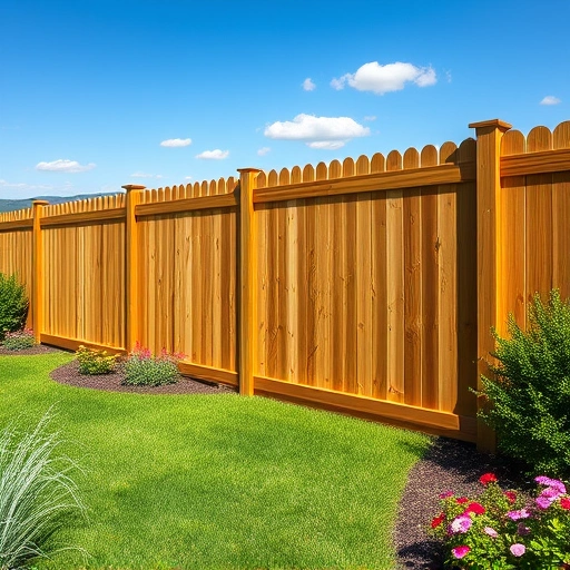 Beautiful wooden fence installation in Dalton GA with intricate wood grain, lush lawn, flowers, and rolling hills.