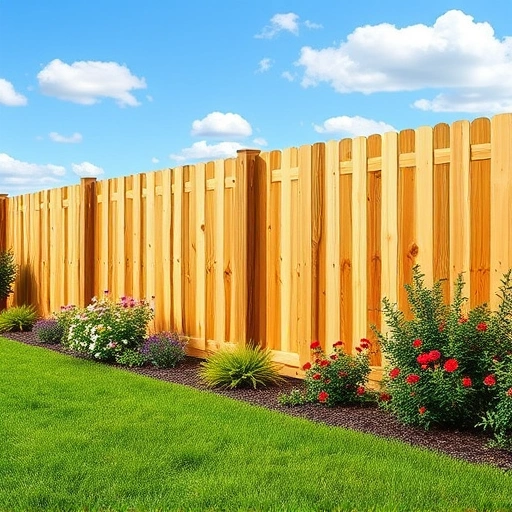 Completed wooden fencing installation in Ball Ground GA with vibrant grass and colorful flowers in a serene setting.