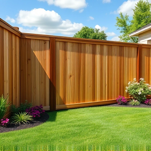 Elegant wooden privacy fence in Fort Payne AL, blending with lush greenery and vibrant flower beds in a serene backyard.