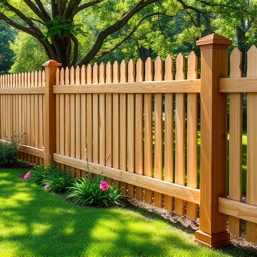 Completed wooden fence installation in Trenton GA surrounded by lush grass and vibrant flowers under dappled sunlight.