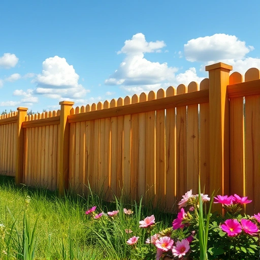 Completed wooden fencing installation in Adairsville GA, surrounded by greenery and blooming flowers under a blue sky.