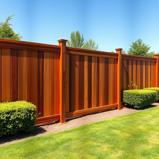 Beautiful wooden fence installation in Albertville AL, surrounded by green grass and hedges under a clear blue sky.