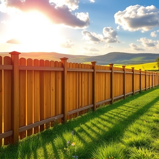 Newly installed cedar fence in Cohutta GA, surrounded by green grass, wildflowers, and rolling hills under a blue sky.