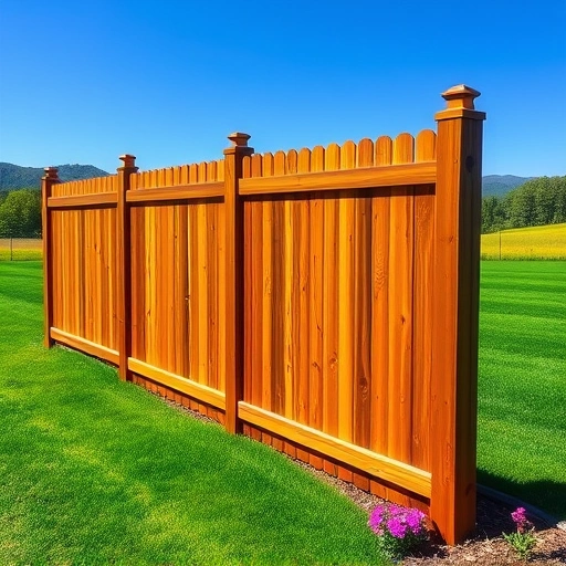Completed wooden fence installation in Rocky Face GA with natural stain, lush lawn, and vibrant flowers.
