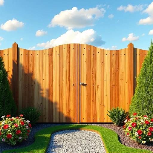 Completed wooden fence installation in Rome GA surrounded by greenery and flowering plants under a blue sky.