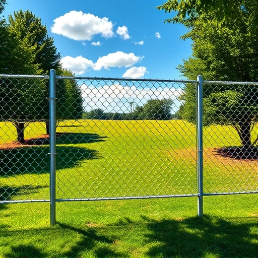 Chain link fence installation in Cohutta GA with durable metal links, manicured lawn, and clear blue sky backdrop.