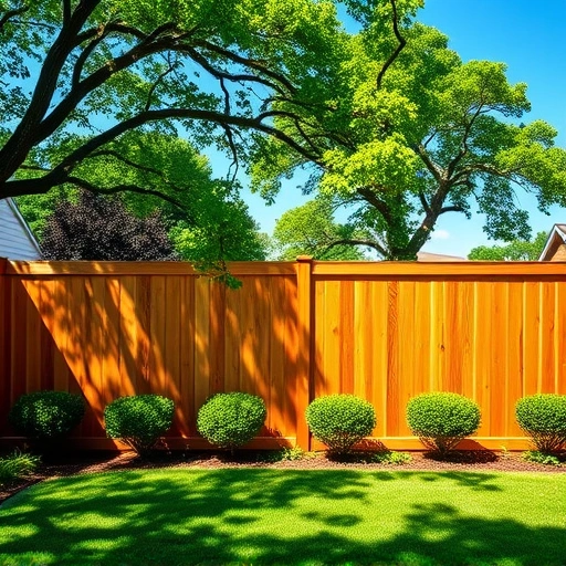 Privacy fence installation in Cohutta GA with smooth wooden planks, lush greenery, and a serene blue sky backdrop.