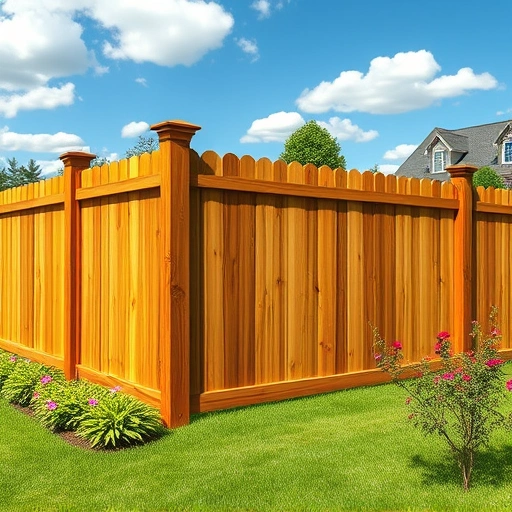 Beautiful wooden fence installation in Boaz AL with warm tones, lush grass, vibrant flowers, and clear blue sky.