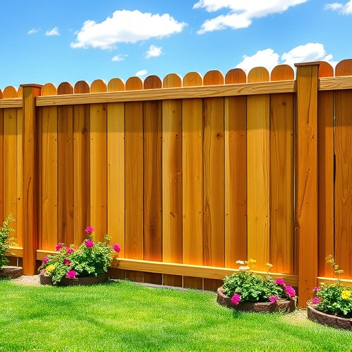 Freshly painted wooden fence in Cohutta GA with vibrant finish, surrounded by lush grass and colorful flowerbeds.
