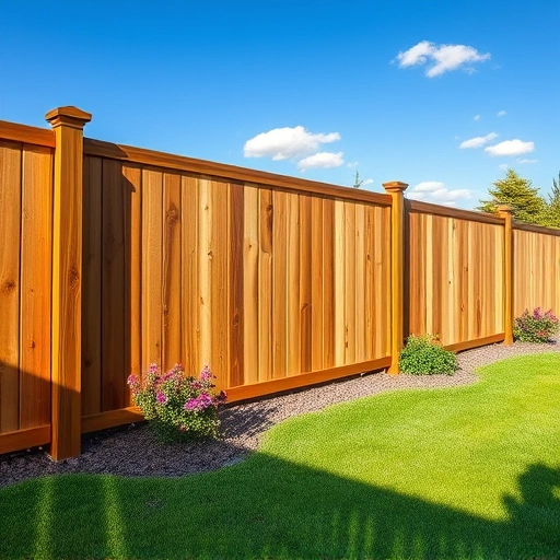 Elegant wooden fence installation in Rome GA, blending with lush green lawn and vibrant flowers under a clear sky.