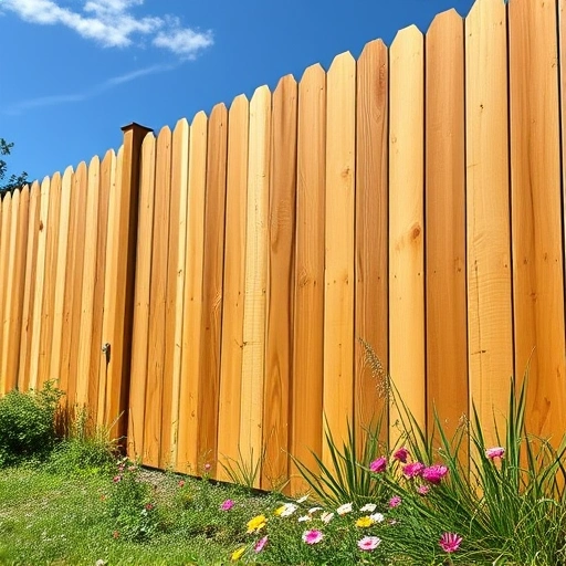 Completed wooden fence installation in Tunnel Hill GA surrounded by greenery and wildflowers under a clear blue sky