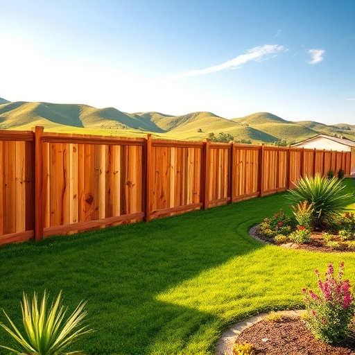 Wooden fence installation in Rocky Face GA with lush grass and colorful flowers under a clear blue sky.