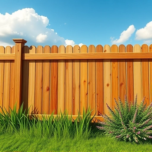 Completed wooden fence installation in Ellijay GA with natural grain, surrounded by grass and wildflowers under blue skies.