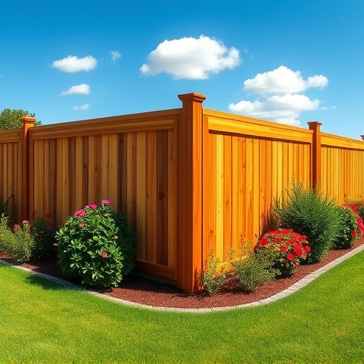 Wooden privacy fence in Cohutta GA surrounded by green grass and flowering shrubs under a clear blue sky.