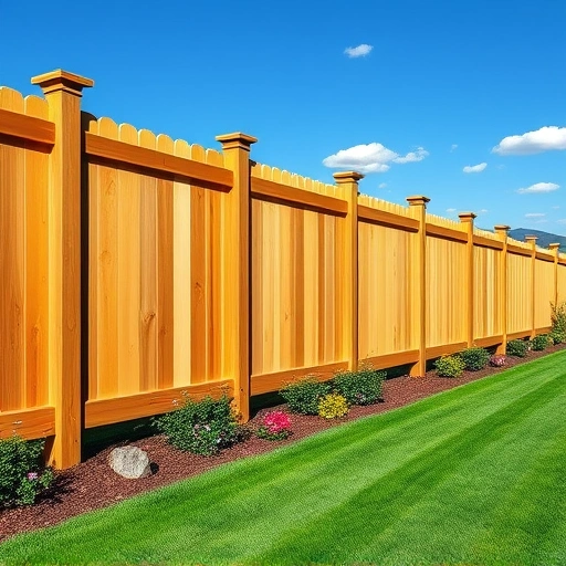 Beautiful wooden fence installation in Canton GA with polished panels, manicured lawn, and vibrant flowers.
