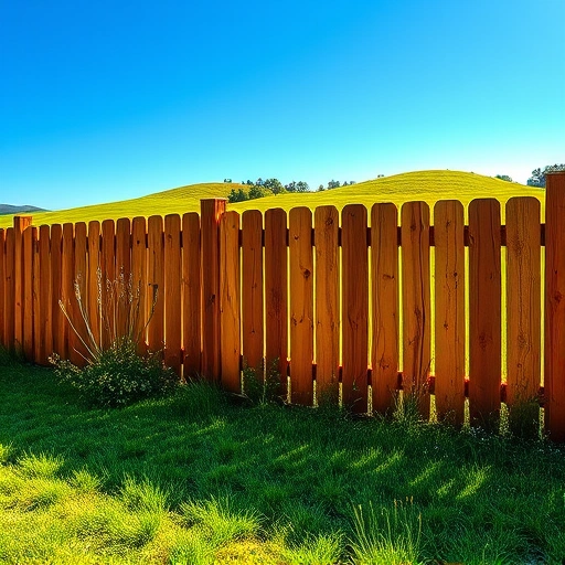 Vibrant wooden fence in Cohutta GA with rich stain, lush greenery, and rolling hills under a clear blue sky.