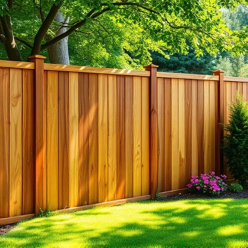Completed wooden fence installation in Rome GA surrounded by green grass and vibrant garden flowers in sunlight.