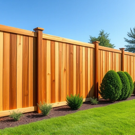 Completed wooden fence installation in Canton GA with polished planks, green lawn, and clear blue sky background.