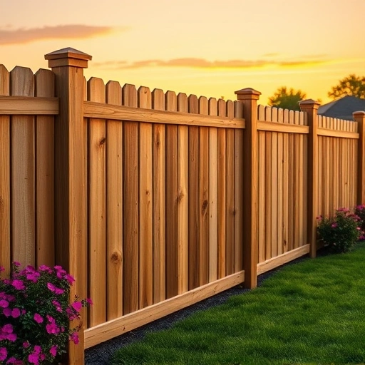 Beautiful wooden fence installation in Centre AL, showcasing craftsmanship with a warm golden hour glow and lush landscape.