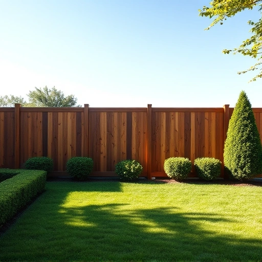 Sturdy wooden privacy fence with warm stain in White GA, surrounded by lush grass and trimmed hedges under a clear sky.