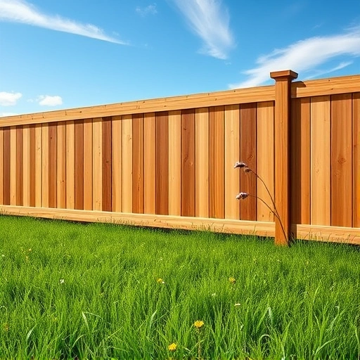 Completed wooden fence installation in Resaca GA with natural stain, lush grass, wildflowers, and blue sky.