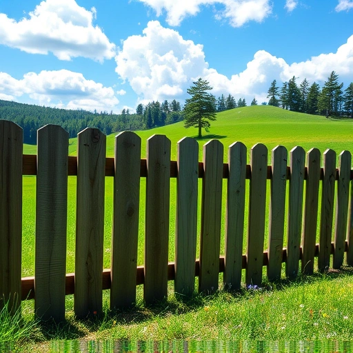 Serene Cohutta GA scene with a rustic wooden fence, green hills, tall trees, and wildflowers under a blue sky.