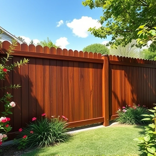 Beautifully stained wooden fence in Cohutta GA surrounded by lush grass and blooming flowers under a clear blue sky