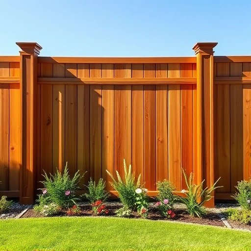 Beautiful wooden privacy fence in Jacksonville AL with decorative post caps, surrounded by vibrant grass and flowers.