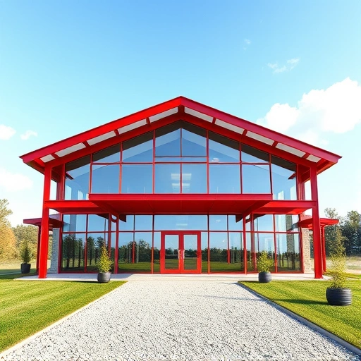 Red Iron Steel Building in Cohutta GA features modern design with red steel beams and large glass windows.