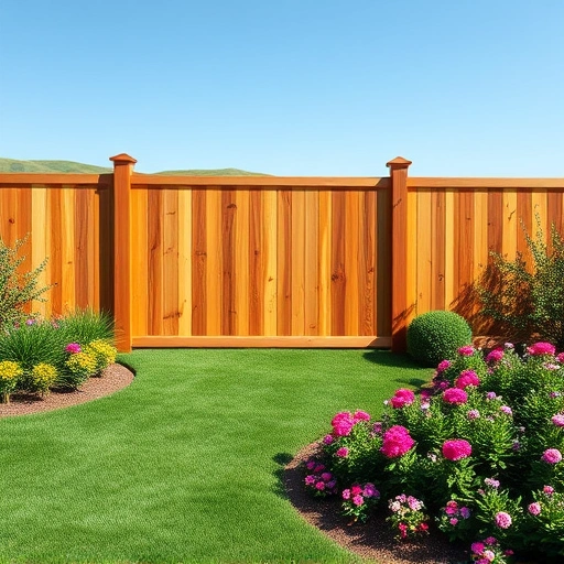 Beautiful wooden fence installation in Rocky Face GA, surrounded by lush lawn and vibrant flowers under a blue sky.