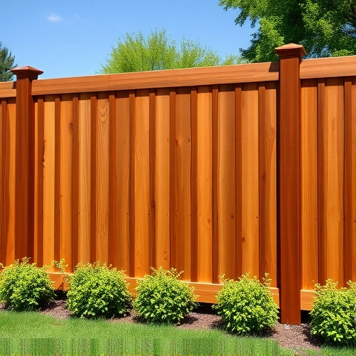 Wooden privacy fence in Ringgold GA with rich brown hues, surrounded by lush greenery and a clear blue sky.