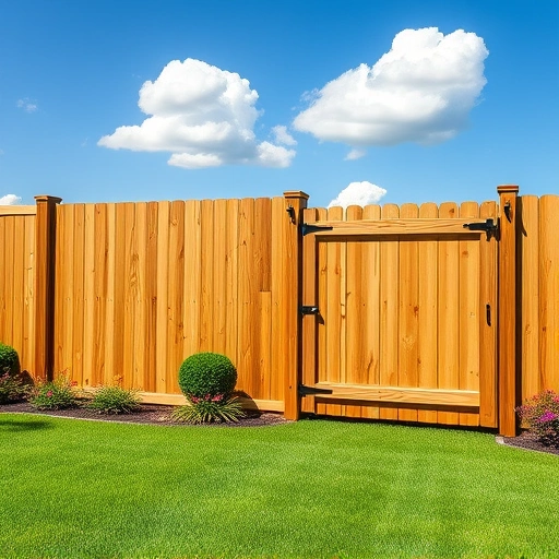 Completed wooden fencing installation in Gadsden AL surrounded by green grass, landscaping, and a clear blue sky.
