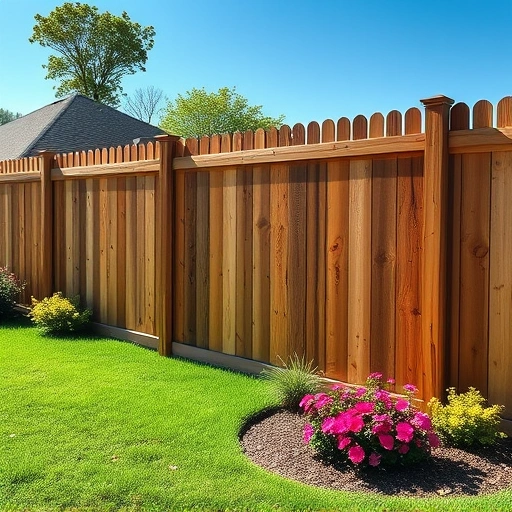 Completed wooden fence installation in Rainsville AL with natural wood grain in a lush green yard with flowers.