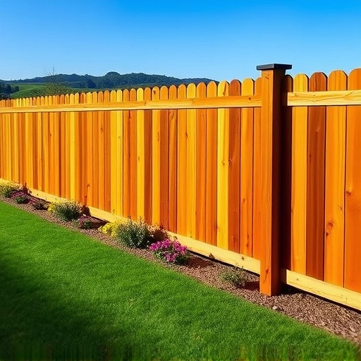 Beautiful wooden fence in Cartersville GA with lush lawn and vibrant flowers under a clear blue sky.