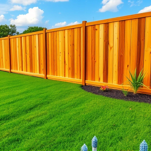 Completed wooden fence in Piedmont AL with lush grass and colorful garden showcasing craftsmanship and quality.