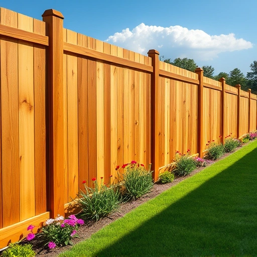 Sturdy wooden privacy fence in Piedmont AL beside a manicured lawn with vibrant flowers and blue sky backdrop.