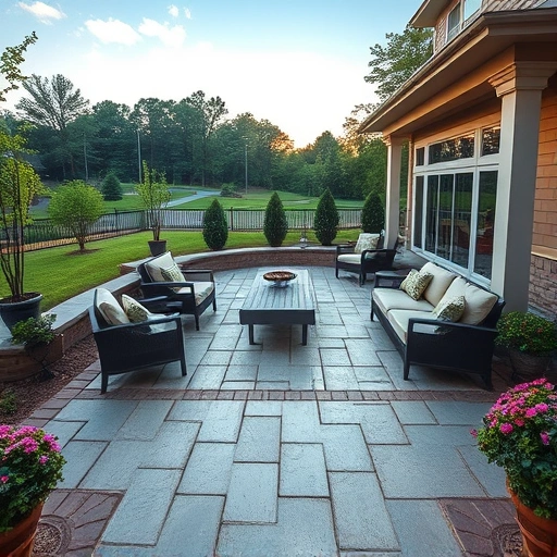 Completed patio in Cohutta GA with stone pavers, outdoor furniture, greenery, and ambient lighting for a serene retreat.