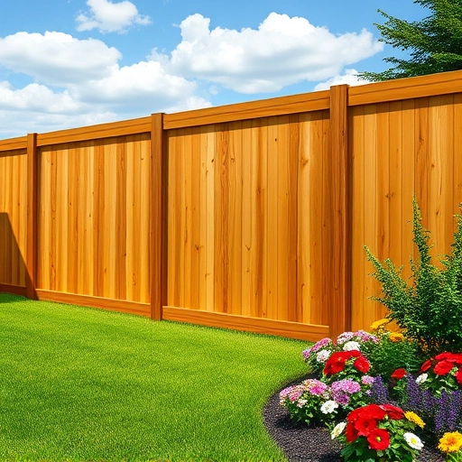 Completed wooden privacy fence in Collinsville AL with vibrant lawn and flower beds under a clear blue sky.