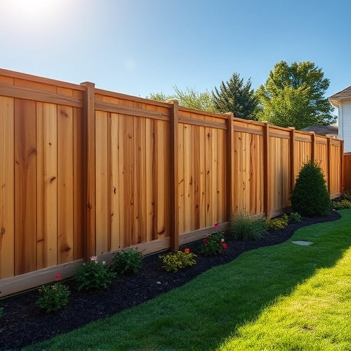 Completed wooden fence installation in Rainsville AL, surrounded by vibrant landscaping and clear blue sky.