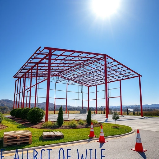 Completed Red Iron Steel Building in Cohutta GA with polished framework, landscaping, and construction materials.