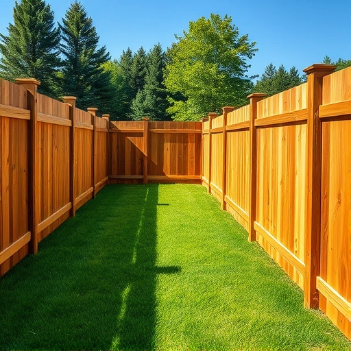 Beautifully crafted wooden fence surrounds a manicured lawn in Fort Payne AL with lush trees and blue sky backdrop.